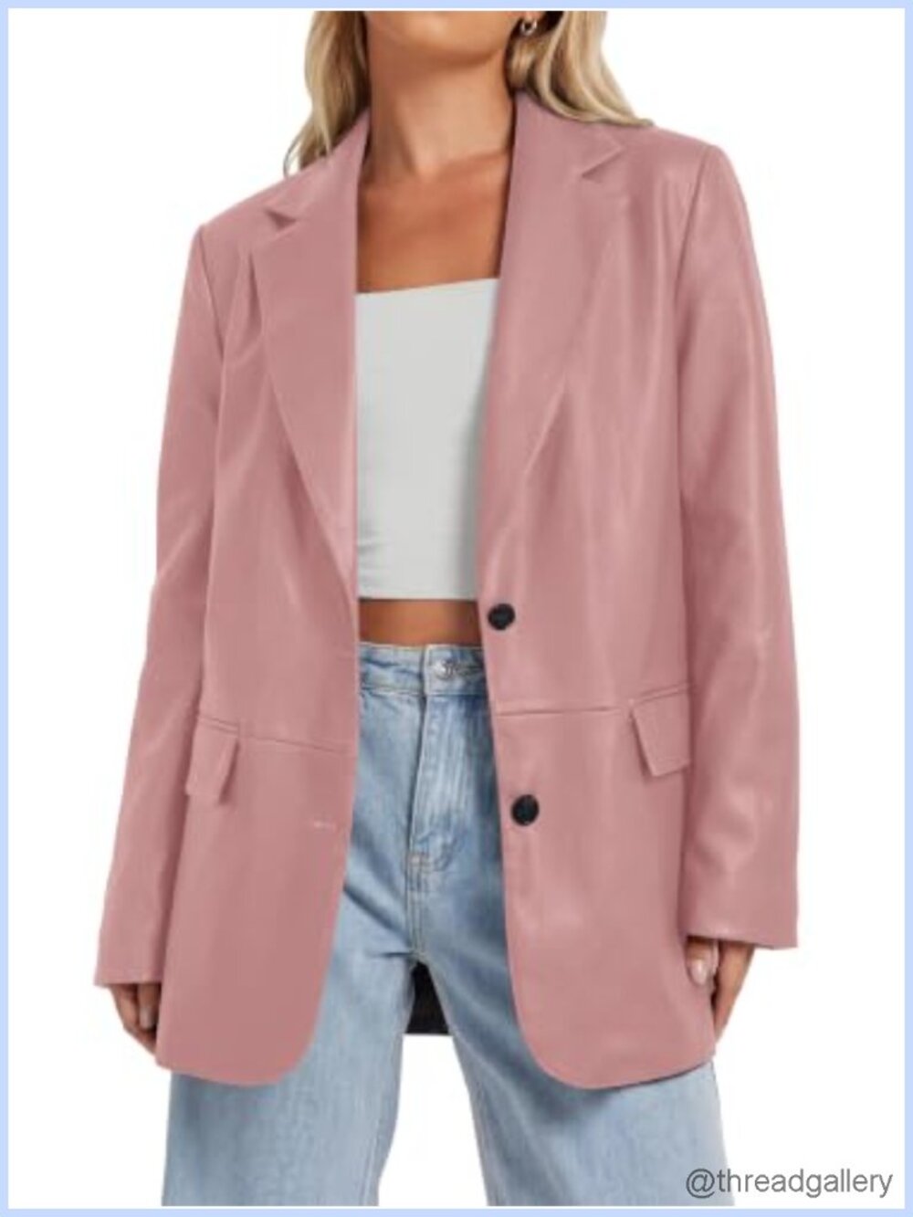 Faux Leather Blazer Jacket Loose Fit Notch Collar Flap Pockets Button Down
